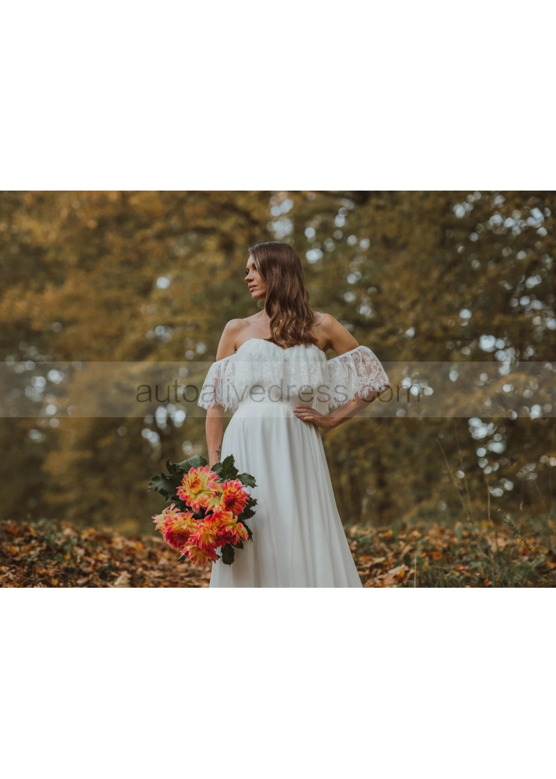 A-line Off Shoulder Ivory Eyelash Lace Chiffon Flowing Wedding Dress