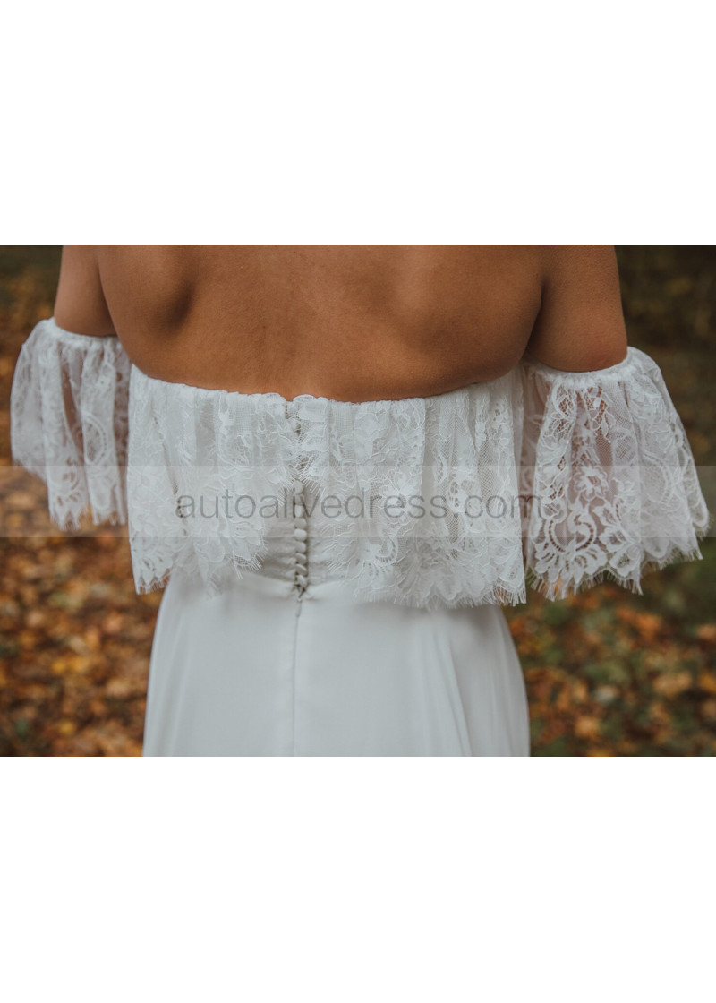 A-line Off Shoulder Ivory Eyelash Lace Chiffon Flowing Wedding Dress