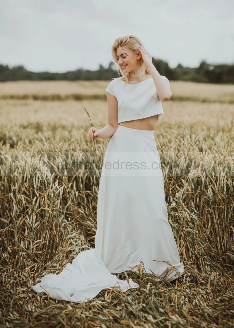 A-line Two Piece Ivory Satin Minimalist Wedding Dress A-line Two Piece Ivory Satin Minimalist Wedding Dress