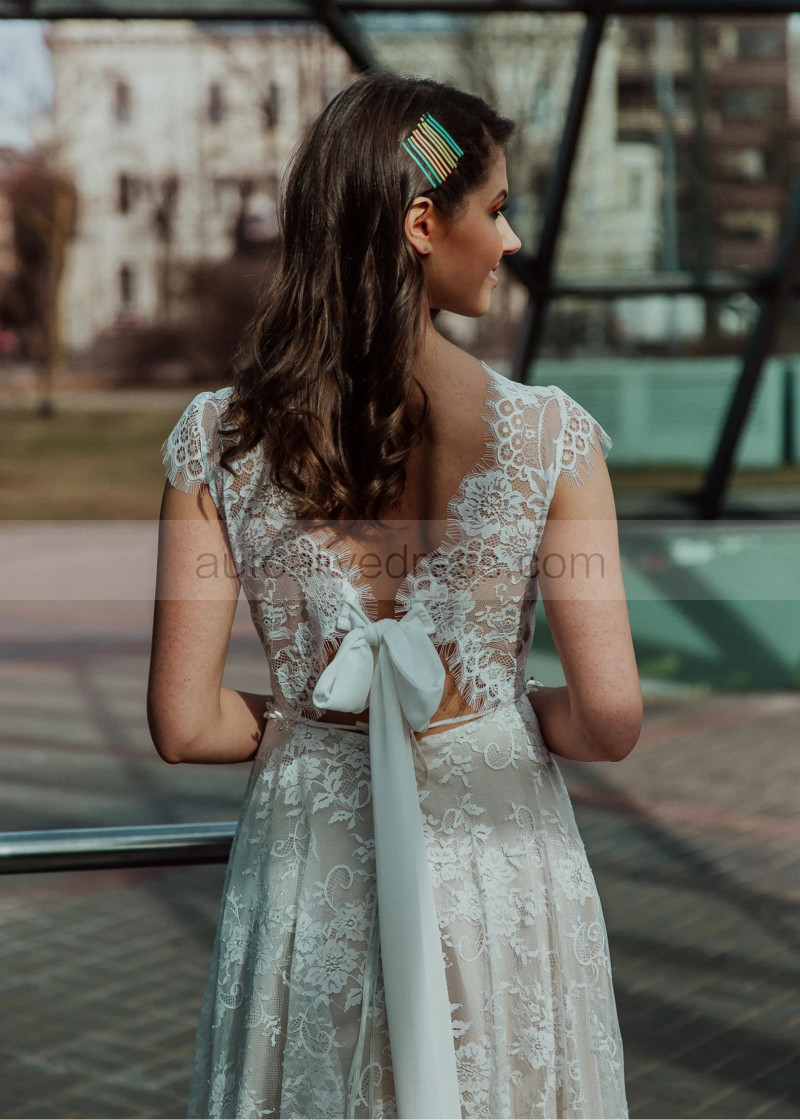 A-line Ivory Eyelash Lace Tie Back Dreamy Wedding Dress
