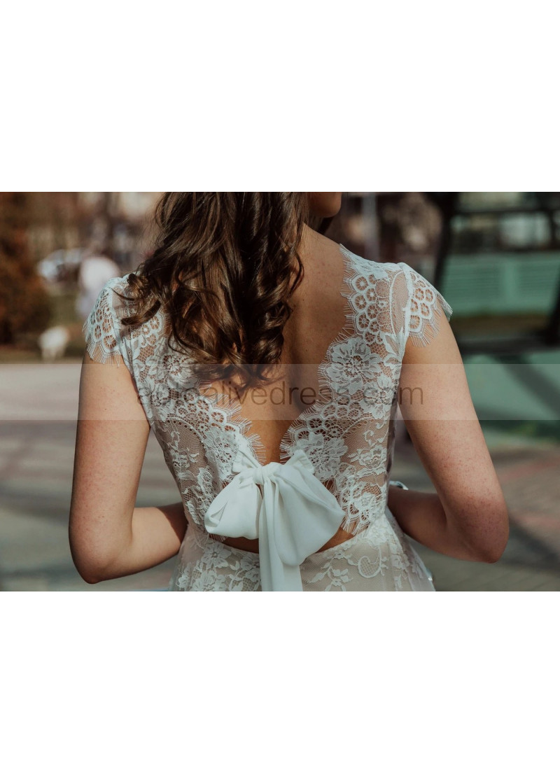 A-line Ivory Eyelash Lace Tie Back Dreamy Wedding Dress