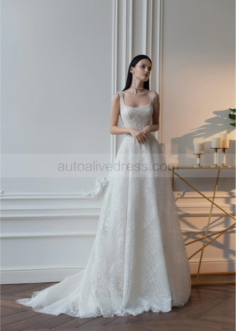A-line Square Neck Ivory Glitter Lace Tulle Open Back Wedding Dress