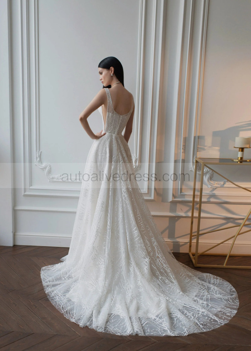 A-line Square Neck Ivory Glitter Lace Tulle Open Back Wedding Dress