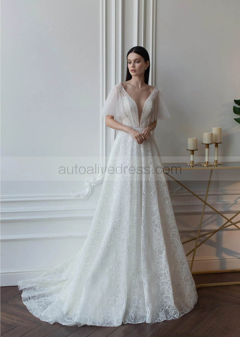 A-line Short Sleeves Ivory Sparkly Lace Tulle Stunning Wedding Dress