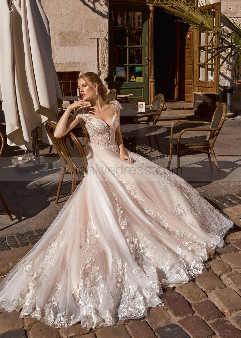 A-line Cap Sleeves Beaded Blush Lace Tulle Gorgeous Wedding Dress