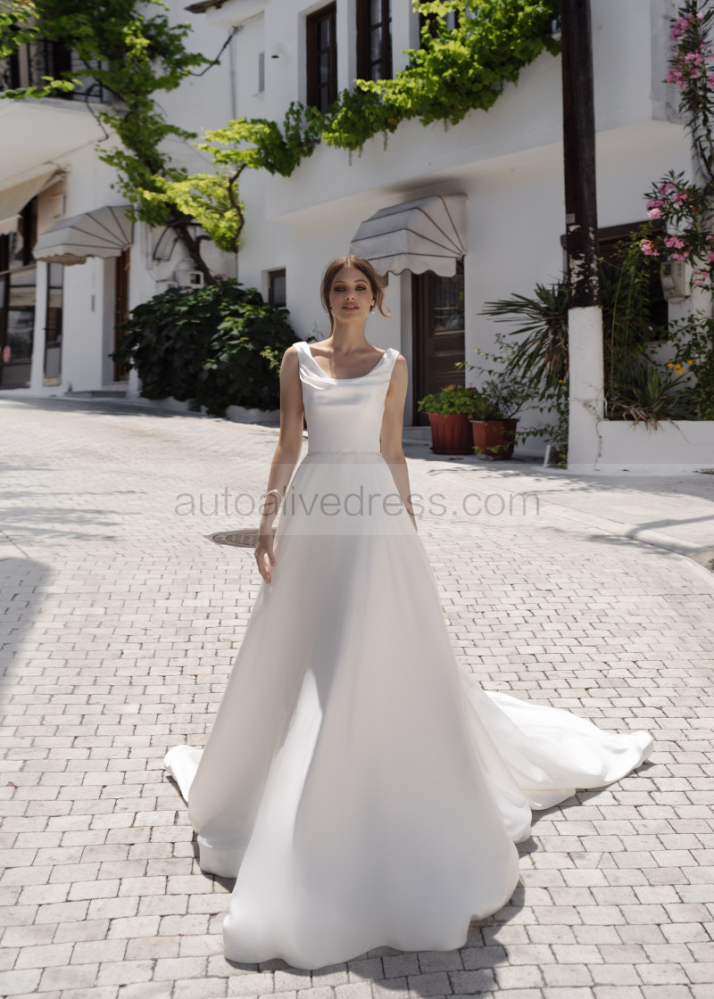 A-line Scoop Neck Ivory Satin Simple Chic Wedding Dress