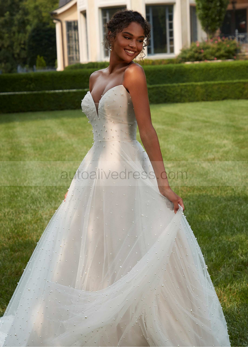 A-line Ivory Pearl Beaded Tulle Keyhole Back Graceful Wedding Dress