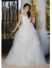 Sheer Neckline Ivory Lace Tulle Uneven Full Length Wedding Dress 