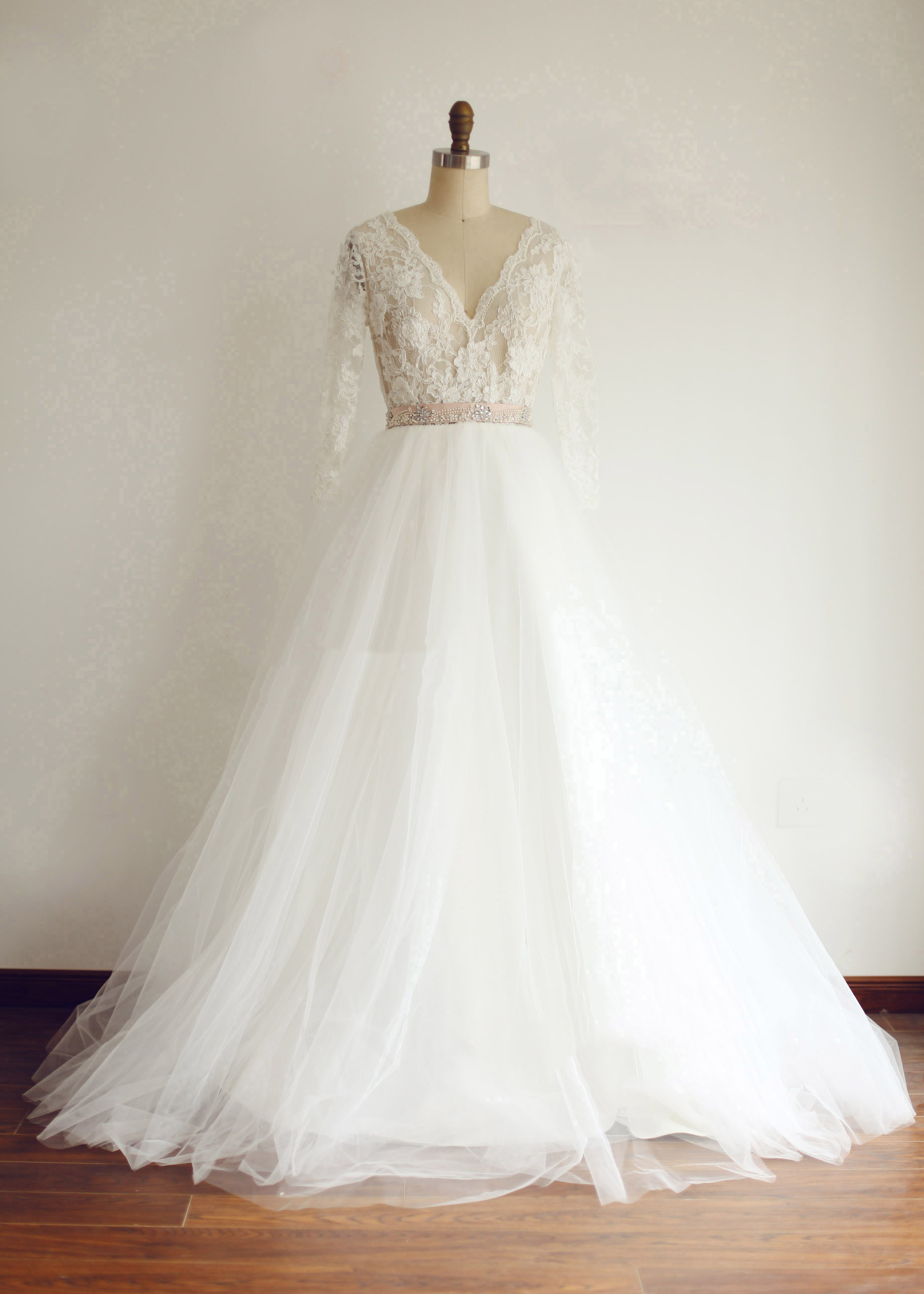 A-line V Neck Long Sleeves Sweep Train Ivory Lace Tulle Wedding Dress