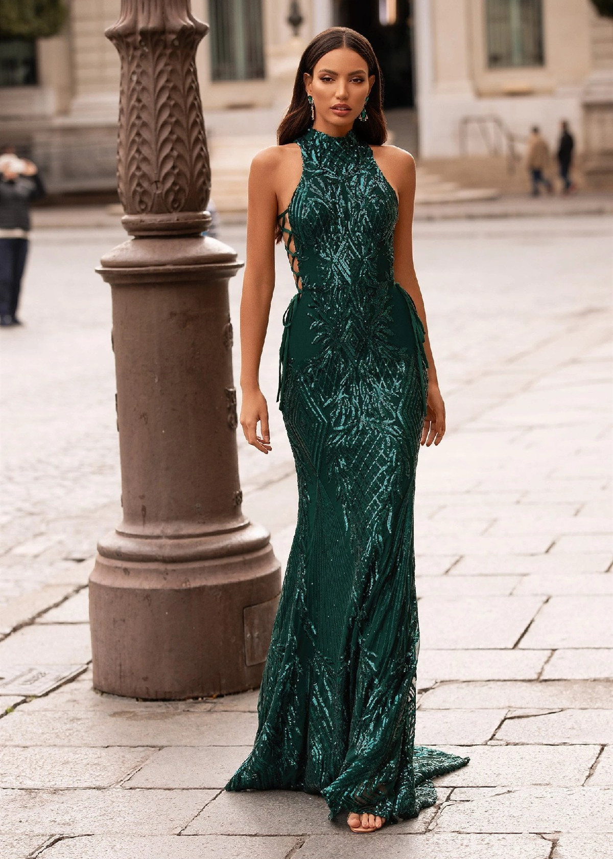 Mermaid High Choker Neck Emerald Green Sequin Fashion Evening Dress