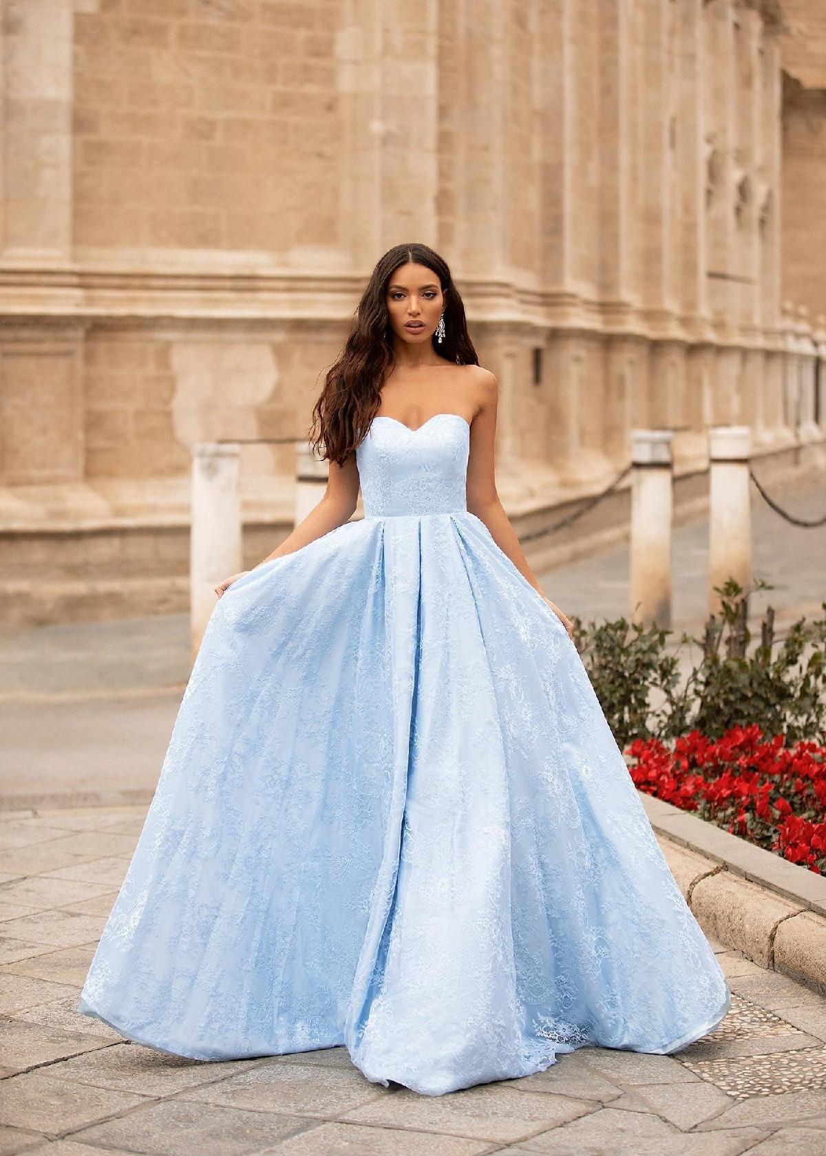 Aline Strapless Sky Blue Lace Corset Back Evening Dress