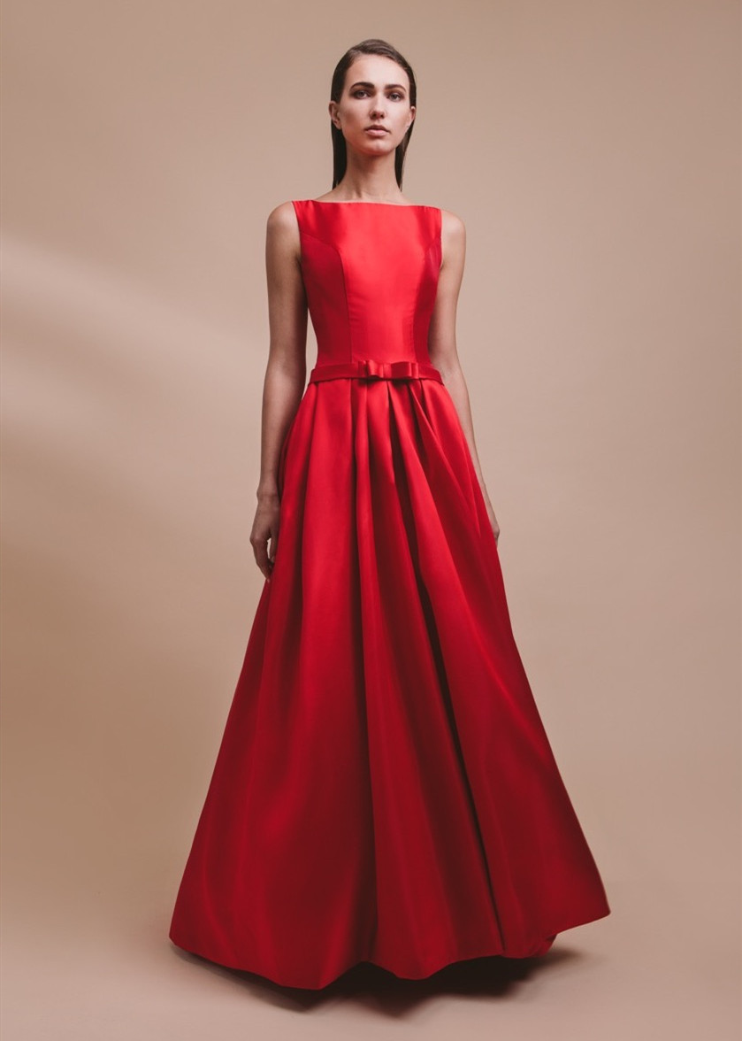 Aline Boat Neck Red Satin V Back Evening Dress With Pockets