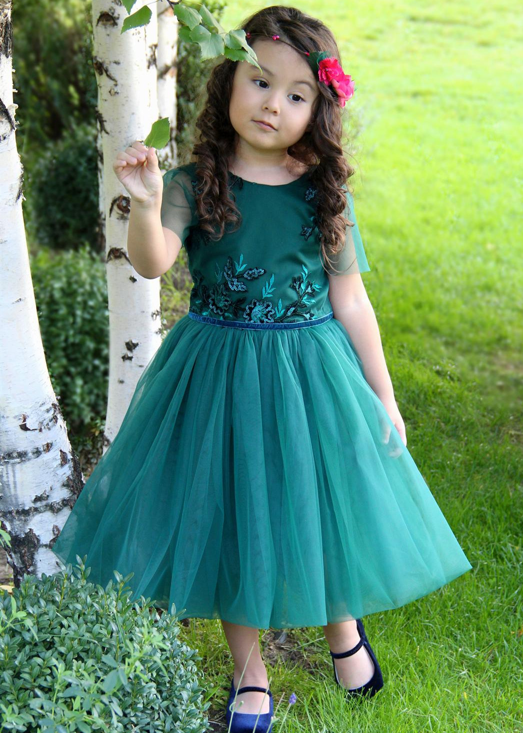 A-line Dark Teal Lace Tulle Flower Girl Dress