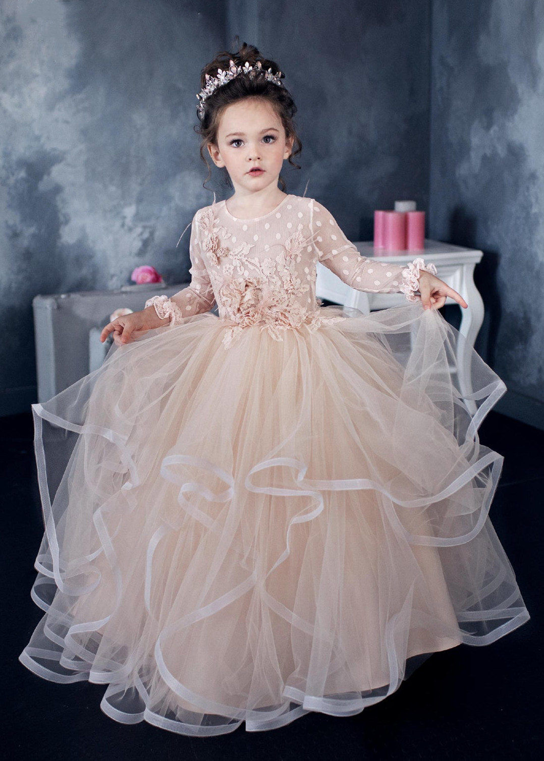 champagne color flower girl dress Adorable Champagne Flower Girl Dress with Pearls  FancyVestido