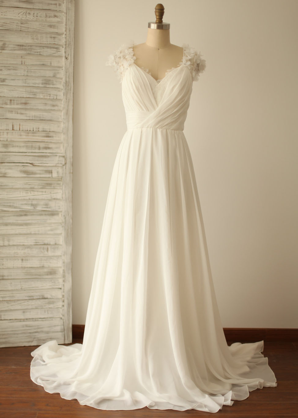 A-line V Neck Ivory Lace Chiffon Cap Sleeves Wedding Dress