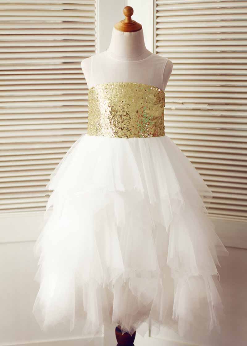 slim fit dress slacks Ivory One Shoulder Sequin Tulle Flower Girl Dress | Ivory / 7-8 Years (140cm) main image 0