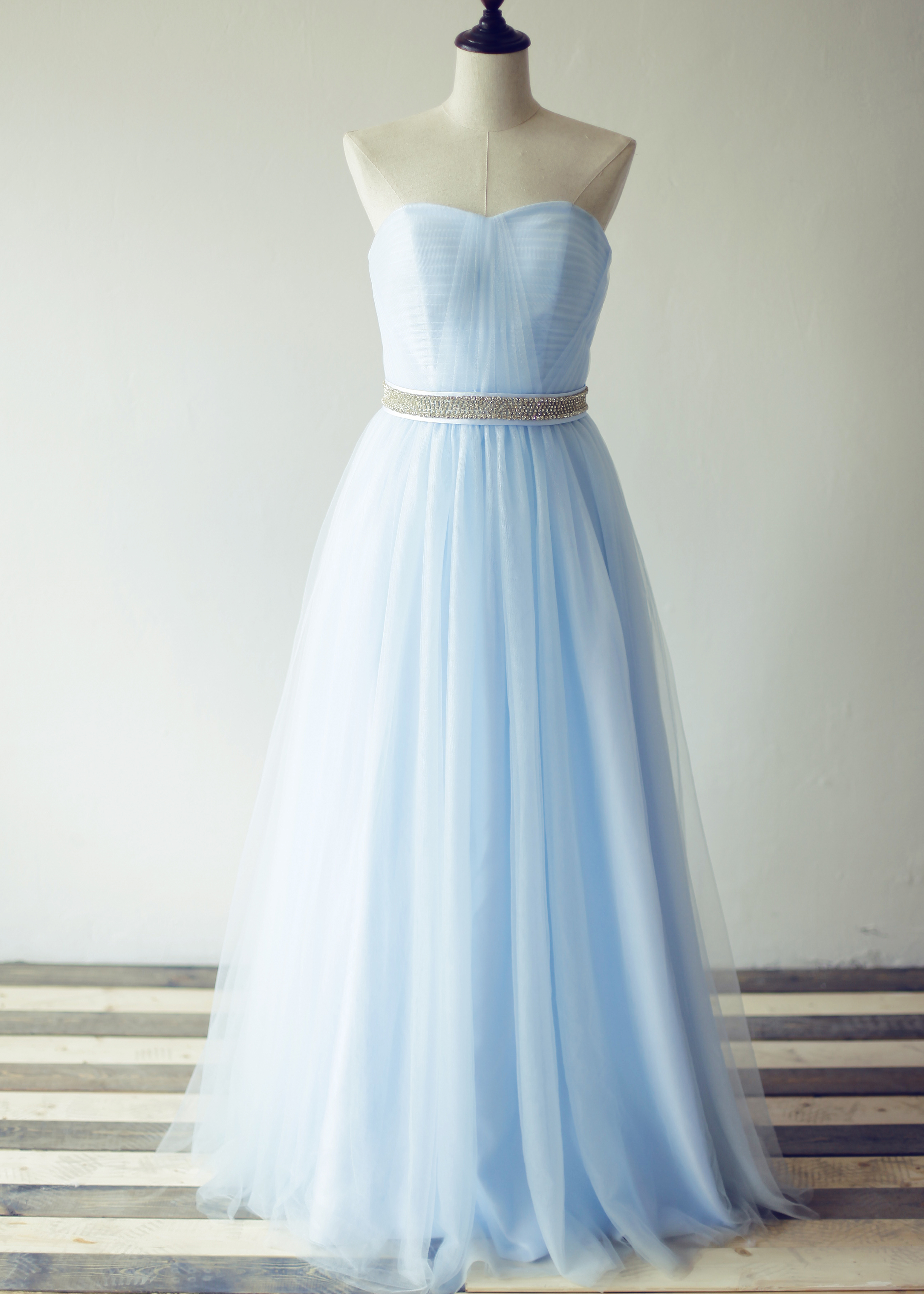 A-line Strapless Sky Blue Pleated Tulle Long Prom Dress With Beaded Belt
