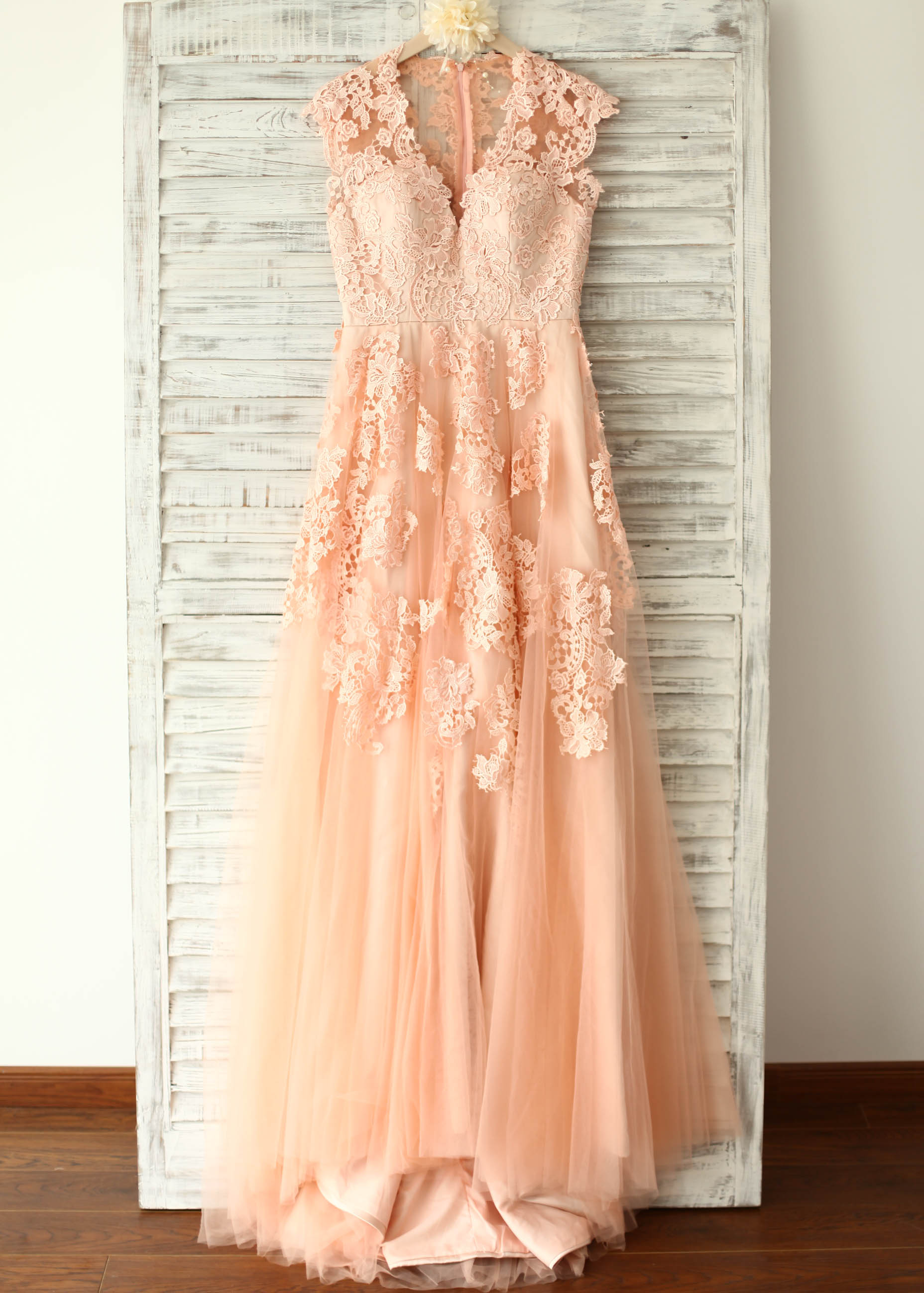 A-line Peach Pink Lace Tulle Classic Wedding Dress