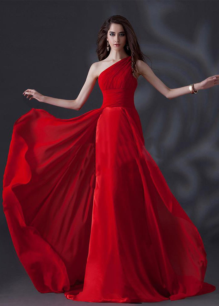 A-line One Shoulder Red Chiffon Corset Back Minimalist Evening Dress
