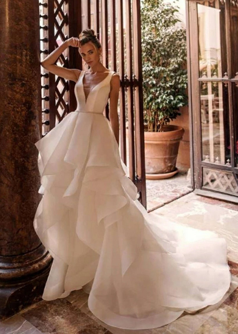 strapless open back dress Vera Strapless Satin Organza Trumpet Fit & Flare Wedding Dress | Bone and  Grey Bridal main image 0