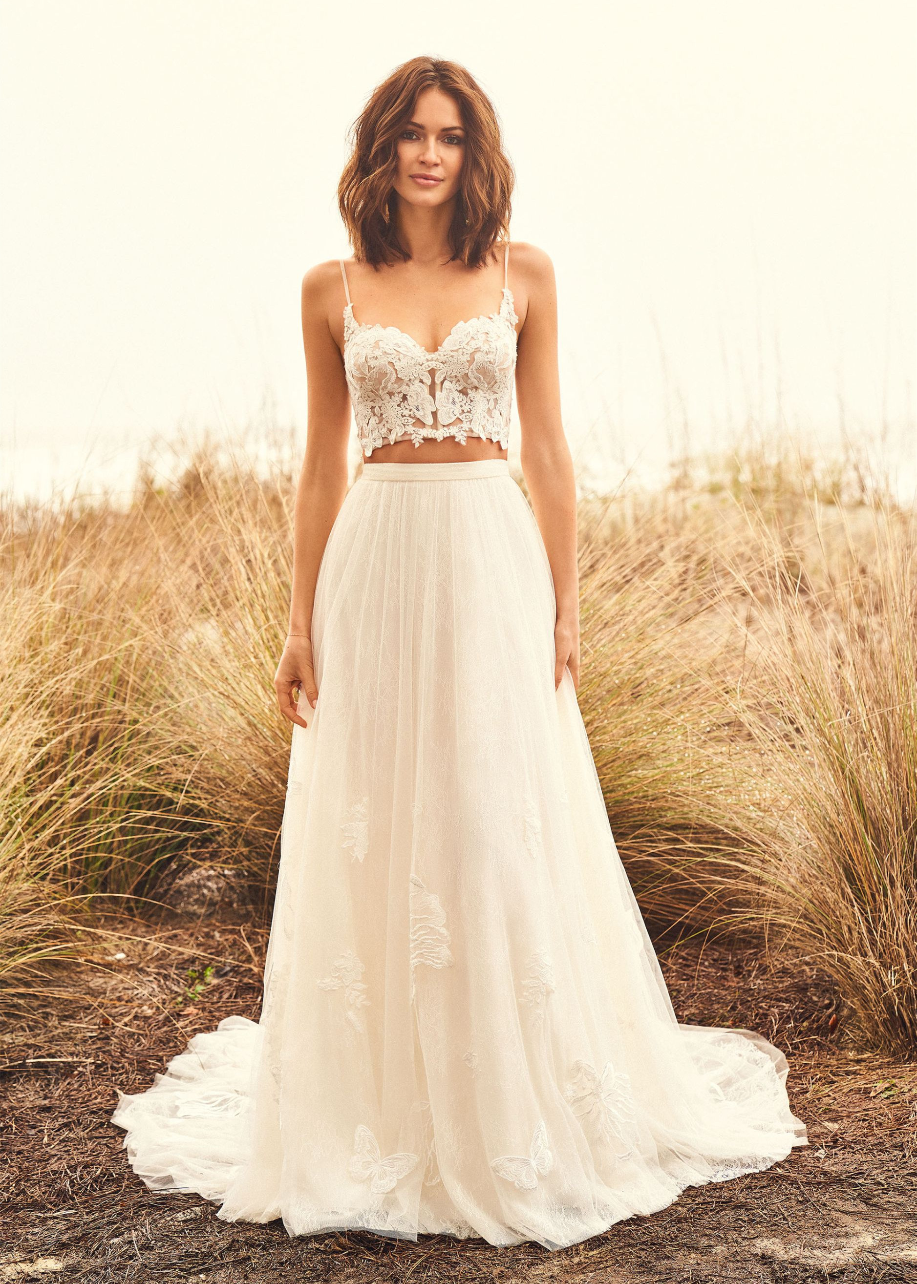 A-line Two Piece Ivory Lace Tulle Wedding Dress