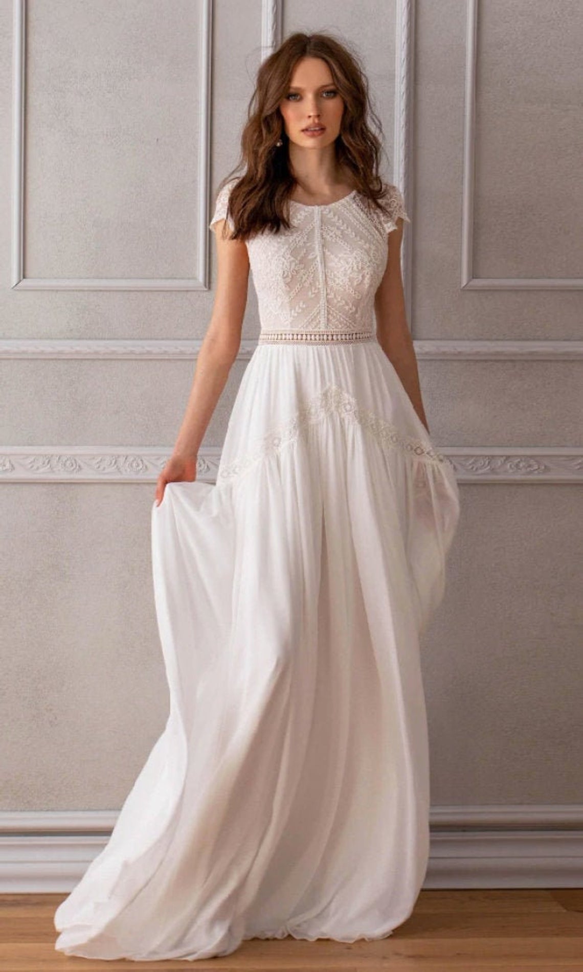 A-line Cap Sleeve Ivory Lace Chiffon Boho Wedding Dress