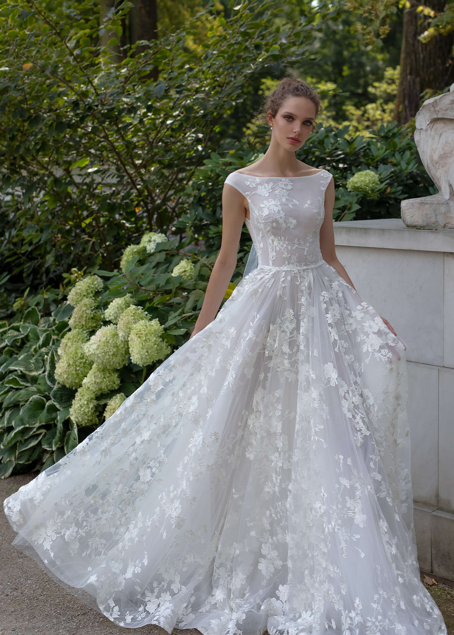 A-line Sabrina Neck Ivory Lace Floral Wedding Dress