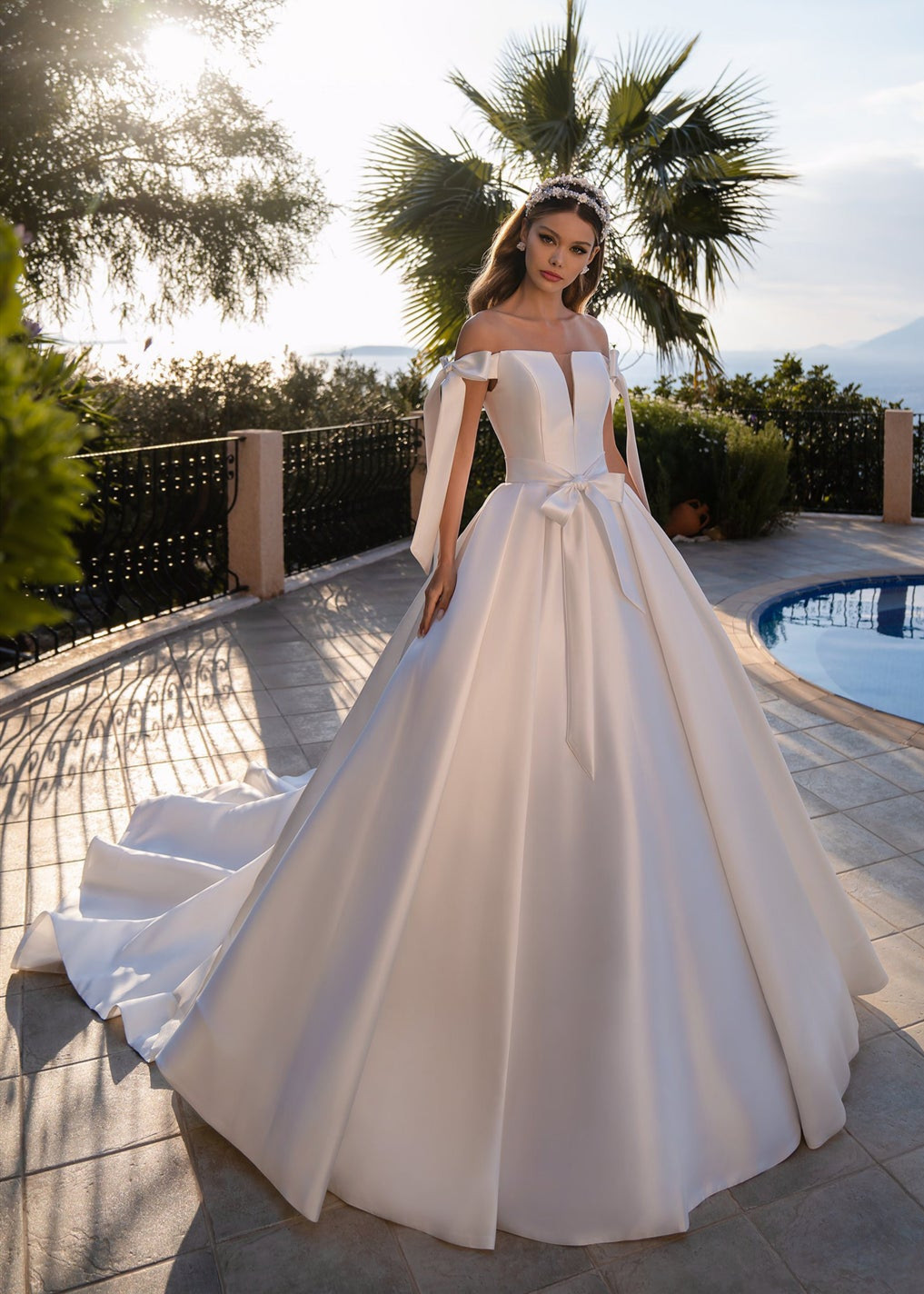Ball Gown Off Shoulder Ivory Satin Wedding Dress With Bow