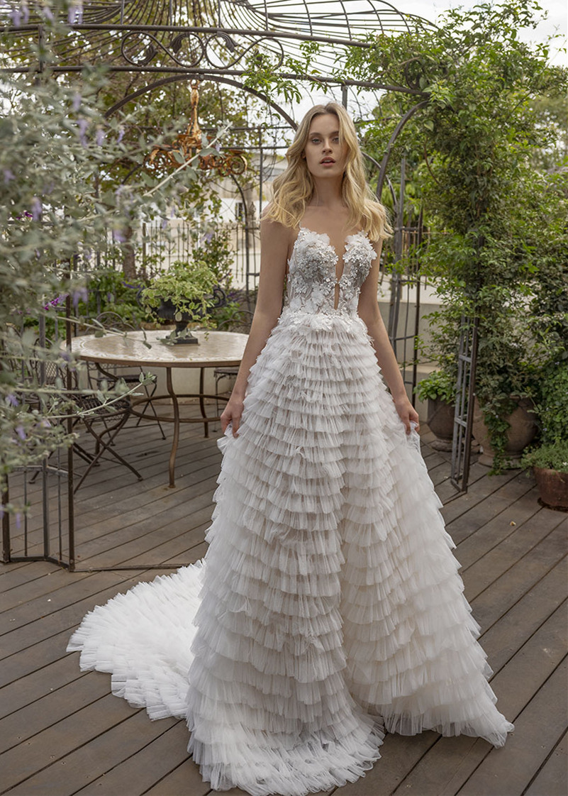 princess ruffle wedding dress Lace and Tulle Layered Ruffle Wedding Dress with Off the Shoulder Lace Applique 10 / Off White / Tulle / Lace