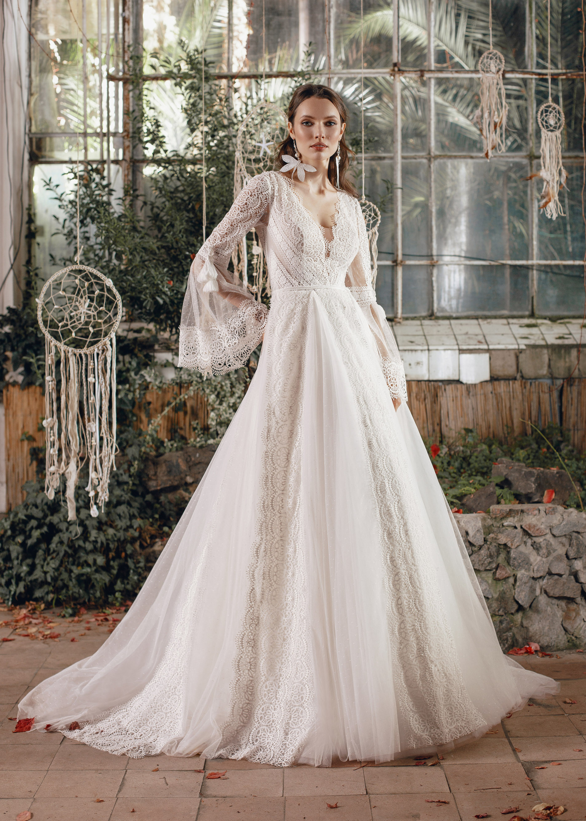 A-line Bell Sleeves Ivory Lace Tulle Boho Wedding Dress