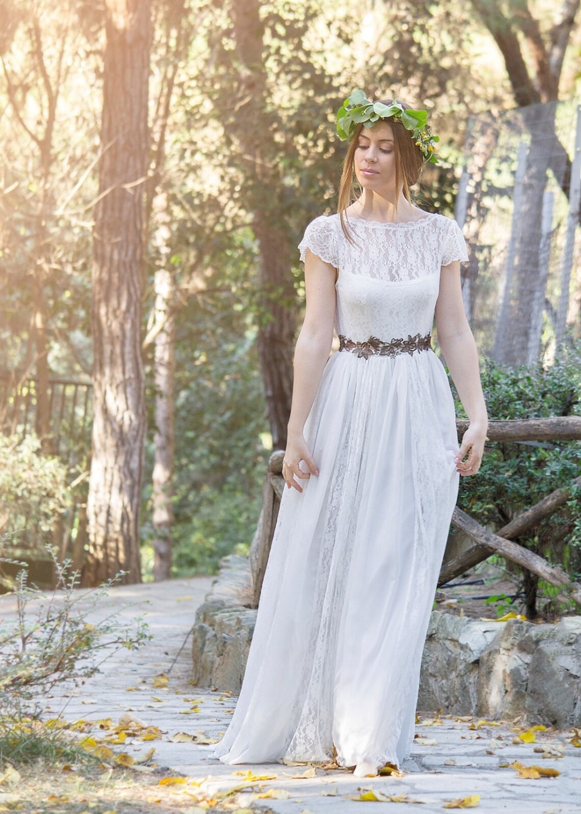 A-line Ivory Lace Chiffon Open Back Hippie Wedding Dress